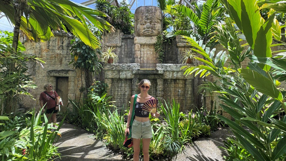 Giant Olmec head replica at Nevis Botanical Gardens